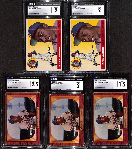 Lot of (5) 2nd-Year Hank Aaron Cards - (2) 1955 Topps #47 CGC 2 & (3) 1955 Bowman #179 CGC 2.5, 2, 1.5