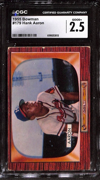 Lot of (5) 2nd-Year Hank Aaron Cards - (2) 1955 Topps #47 CGC 2 & (3) 1955 Bowman #179 CGC 2.5, 2, 1.5