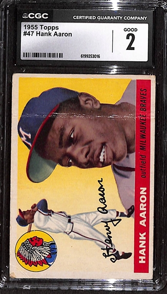 Lot of (5) 2nd-Year Hank Aaron Cards - (2) 1955 Topps #47 CGC 2 & (3) 1955 Bowman #179 CGC 2.5, 2, 1.5