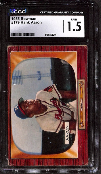 Lot of (5) 2nd-Year Hank Aaron Cards - (2) 1955 Topps #47 CGC 2 & (3) 1955 Bowman #179 CGC 2.5, 2, 1.5