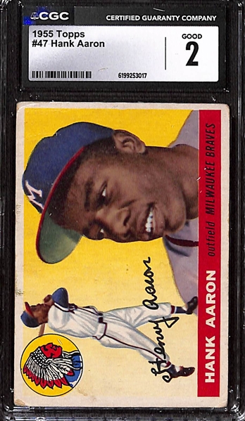 Lot of (5) 2nd-Year Hank Aaron Cards - (2) 1955 Topps #47 CGC 2 & (3) 1955 Bowman #179 CGC 2.5, 2, 1.5