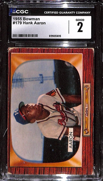 Lot of (5) 2nd-Year Hank Aaron Cards - (2) 1955 Topps #47 CGC 2 & (3) 1955 Bowman #179 CGC 2.5, 2, 1.5