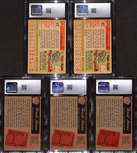 Lot of (5) 2nd-Year Hank Aaron Cards - (2) 1955 Topps #47 CGC 2 & (3) 1955 Bowman #179 CGC 2.5, 2, 1.5