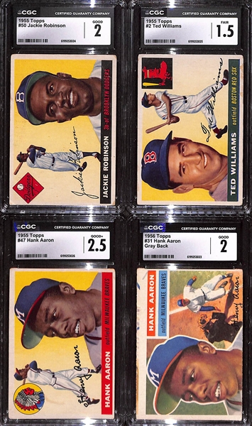 1955-1956 Baseball Card Lot - 1955 Topps Jackie Robinson CGC 2, Ted Williams CGC 1.5, & Hank Aaron CGC 2.5; & 1956 Topps Hank Aaron CGC 2