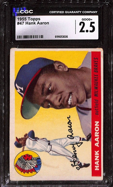1955-1956 Baseball Card Lot - 1955 Topps Jackie Robinson CGC 2, Ted Williams CGC 1.5, & Hank Aaron CGC 2.5; & 1956 Topps Hank Aaron CGC 2