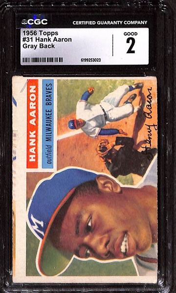 1955-1956 Baseball Card Lot - 1955 Topps Jackie Robinson CGC 2, Ted Williams CGC 1.5, & Hank Aaron CGC 2.5; & 1956 Topps Hank Aaron CGC 2