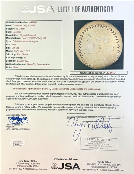 Ty Cobb Signed Baseball - JSA Full Letter of Authenticity