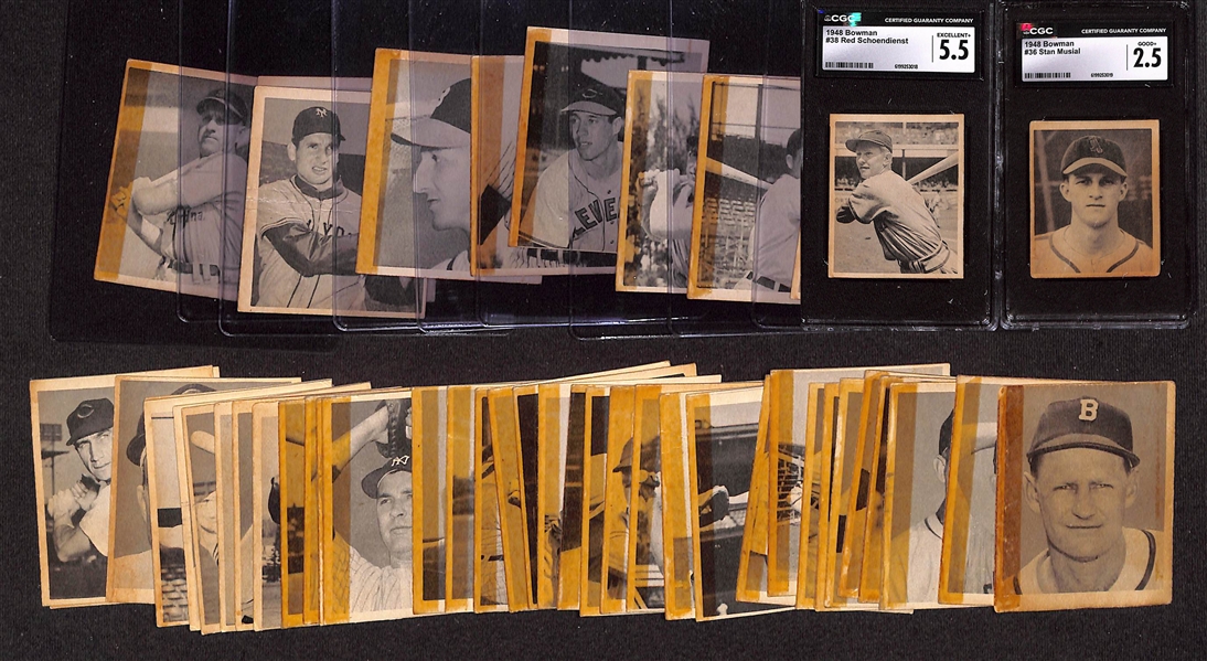 1948 Bowman Baseball Near Complete Set w. Many HOF Rookie Cards (Stan Musial CGC 2.5, Yogi Berra, Schoendienst CGC 5.5, Kiner, Rizzuto, Spahn) & Stars (Feller, Thomson, Slaughter, +)