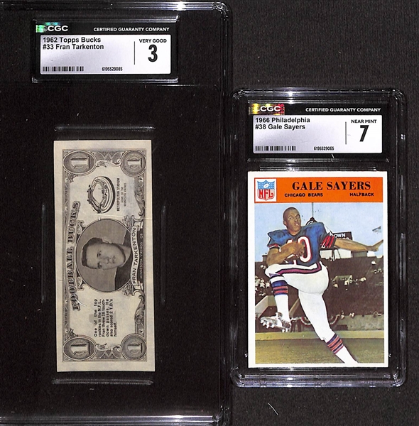 Football Rookie Lot - 1966 Philadelphia Gale Sayers #38 (CGC 7) & 1962 Topps Bucks Fran Tarkenton #33 (CGC 3)