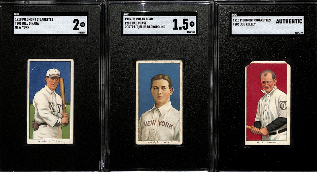1910 T206 Piedmont Cigarettes Lot - Joe Kelley (HOF, SGC Authentic), Hal Chase (Portrait-Blue, SGC 1.5), Bill O'Hara (NY, SGC 2)