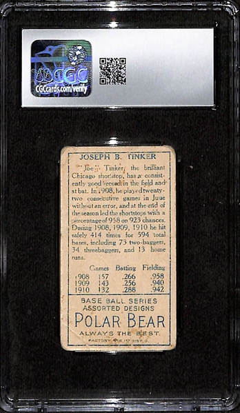 1911 T205 Gold Border Joe Tinker (HOF) Polar Bear Tobacco Card Graded CGC 1