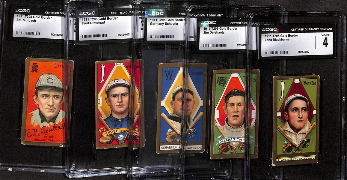 (5) Graded 1911 T205 Gold Border Tobacco Cards - Lena Blackburne (CGC 4), Jim Delehanty (CGC 2.5), Germany Schaefer (CGC 2), Fred Olmstead (CGC 3.5), Ed Reulbach (CGC 3.5)