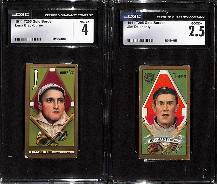 (5) Graded 1911 T205 Gold Border Tobacco Cards - Lena Blackburne (CGC 4), Jim Delehanty (CGC 2.5), Germany Schaefer (CGC 2), Fred Olmstead (CGC 3.5), Ed Reulbach (CGC 3.5)