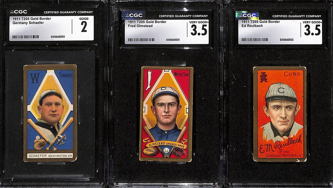 (5) Graded 1911 T205 Gold Border Tobacco Cards - Lena Blackburne (CGC 4), Jim Delehanty (CGC 2.5), Germany Schaefer (CGC 2), Fred Olmstead (CGC 3.5), Ed Reulbach (CGC 3.5)