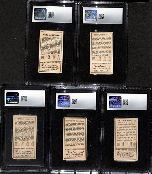(5) Graded 1911 T205 Gold Border Tobacco Cards - Lena Blackburne (CGC 4), Jim Delehanty (CGC 2.5), Germany Schaefer (CGC 2), Fred Olmstead (CGC 3.5), Ed Reulbach (CGC 3.5)