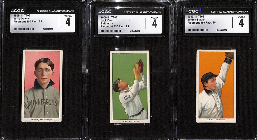 (3) CGC Graded 1909-11 T206 Baseball Cards (Each Graded CGC 4.0) - Jerry Downs, Jack Dunn,  Jimmy Slagle (All Piedmont 350 Series, Made in Factory 25) 