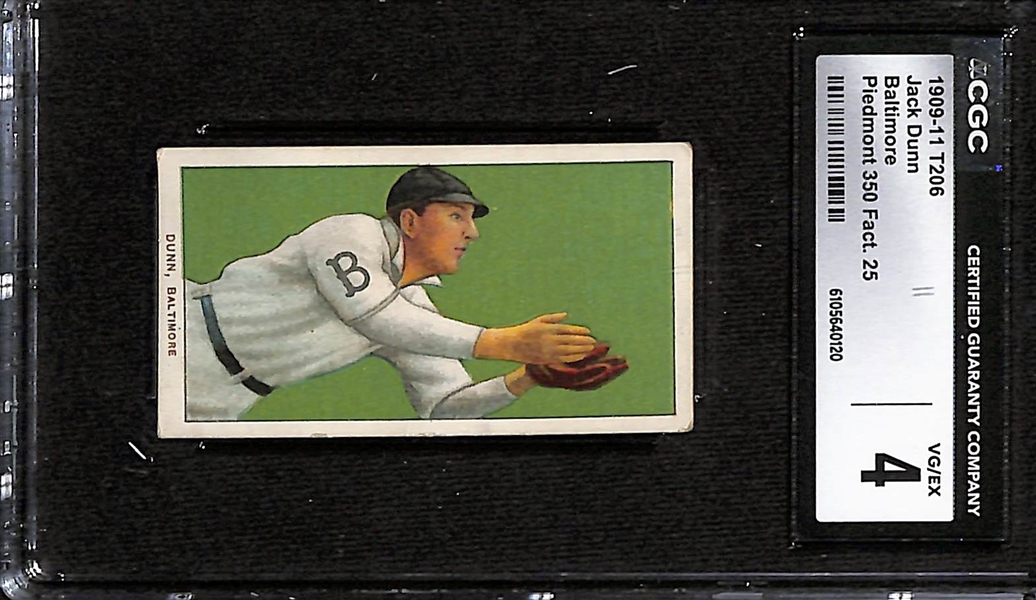 (3) CGC Graded 1909-11 T206 Baseball Cards (Each Graded CGC 4.0) - Jerry Downs, Jack Dunn,  Jimmy Slagle (All Piedmont 350 Series, Made in Factory 25) 