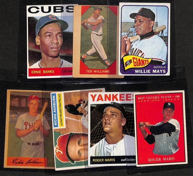 Baseball Card Lot (7) - Willie Mays, Ted Williams, Ernie Banks, 2 Roger Maris & 2 Richie Ashburn