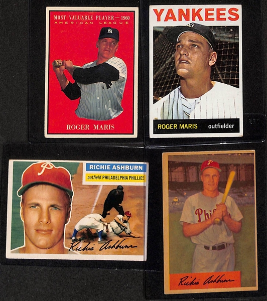 Baseball Card Lot (7) - Willie Mays, Ted Williams, Ernie Banks, 2 Roger Maris & 2 Richie Ashburn