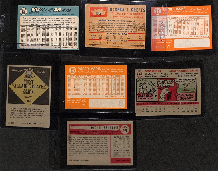 Baseball Card Lot (7) - Willie Mays, Ted Williams, Ernie Banks, 2 Roger Maris & 2 Richie Ashburn