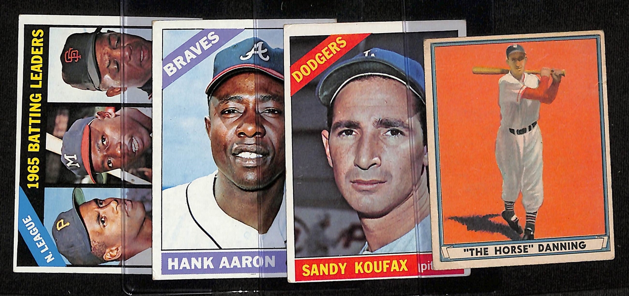 Baseball Card Lot (4) - 1941 Play Ball Harry Danning, 1966 Topps Sandy Koufax, 1966 Topps Hank Aaron, 1966 NL Batting Leaders (Clemente, Aaron, Mays)