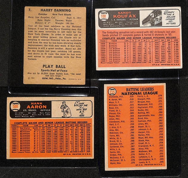 Baseball Card Lot (4) - 1941 Play Ball Harry Danning, 1966 Topps Sandy Koufax, 1966 Topps Hank Aaron, 1966 NL Batting Leaders (Clemente, Aaron, Mays)
