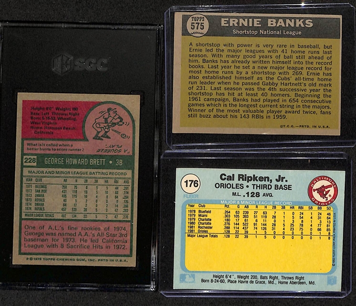 Baseball Card Lot - 1975 Topps George Brett Rookie (SGC 5), Topps 1961 Ernie Banks All-Star, 1982 Fleer Cal Ripken Jr. Rookie Card