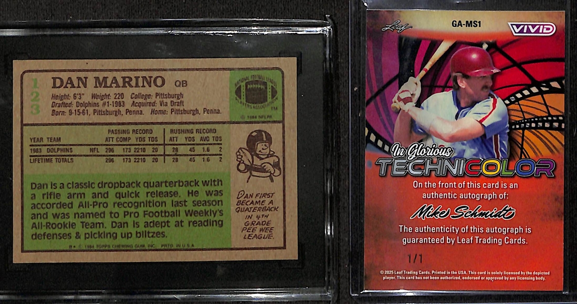 Sports Card Lot - 1984 Topps Dan Marino Rookie Card (SGC 8.5) & 2025 Leaf Vivid Mike Schmidt Technicolor Autograph Card (#1/1)