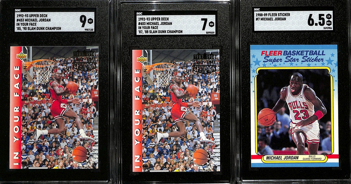 Michael Jordan Lot - Includes 1992 Upper Deck In Your Face '85-90' Error Card (SGC 9) & '88-'89 non-Error Card (SGC 7), & 1988-89 Fleer Sticker (SGC 6.5)