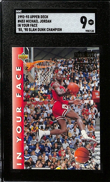 Michael Jordan Lot - Includes 1992 Upper Deck In Your Face '85-90' Error Card (SGC 9) & '88-'89 non-Error Card (SGC 7), & 1988-89 Fleer Sticker (SGC 6.5)