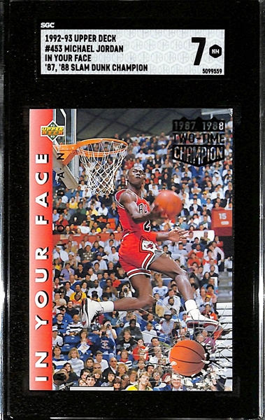 Michael Jordan Lot - Includes 1992 Upper Deck In Your Face '85-90' Error Card (SGC 9) & '88-'89 non-Error Card (SGC 7), & 1988-89 Fleer Sticker (SGC 6.5)