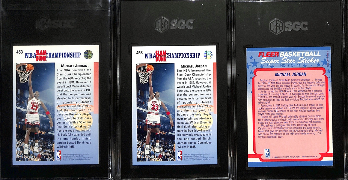Michael Jordan Lot - Includes 1992 Upper Deck In Your Face '85-90' Error Card (SGC 9) & '88-'89 non-Error Card (SGC 7), & 1988-89 Fleer Sticker (SGC 6.5)