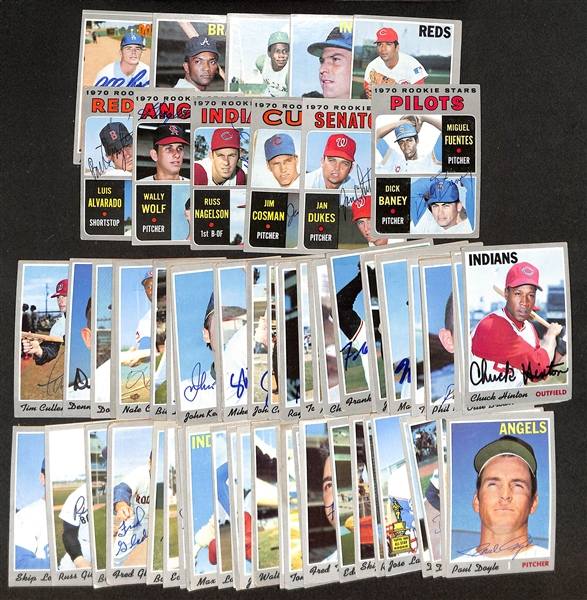 Over (75) Signed 1970 Topps Baseball Cards w. Bill Russell, Tony Gonzalez, John Odom, Ellsworth, Corrales, (6) Rookie Star Cards, + (JSA Auction Letter)