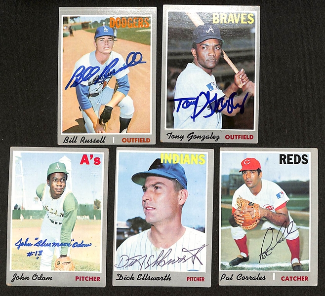 Over (75) Signed 1970 Topps Baseball Cards w. Bill Russell, Tony Gonzalez, John Odom, Ellsworth, Corrales, (6) Rookie Star Cards, + (JSA Auction Letter)