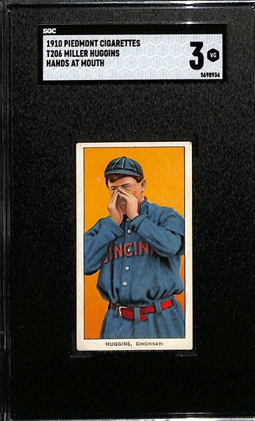 1910 T206 Piedmont Cigarettes Miller Huggins (HOF, Hands at Mouth) Graded SGC 3