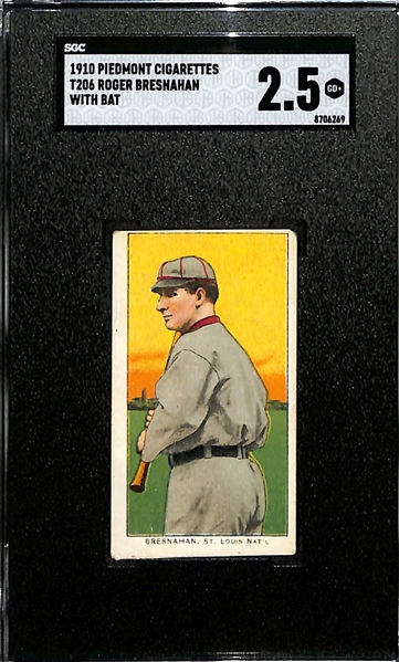 1910 T206 Piedmont Cigarettes Roger Bresnahan (HOF, With Bat) Graded SGC 2.5