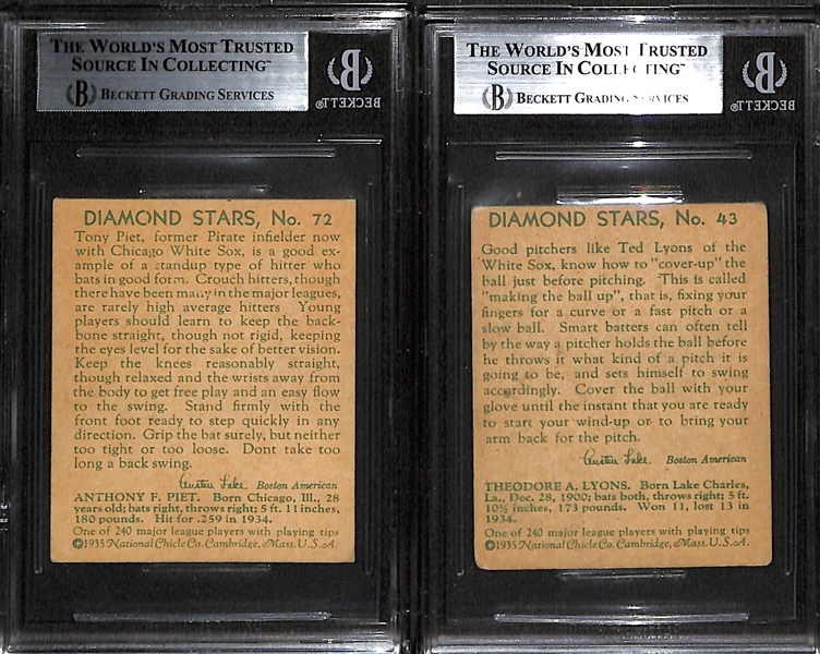 (2) BGS Graded 1934-36 Diamond Stars w. Tony Piet BGS 5 & Ted Lyons (HOF)  BGS 3.5