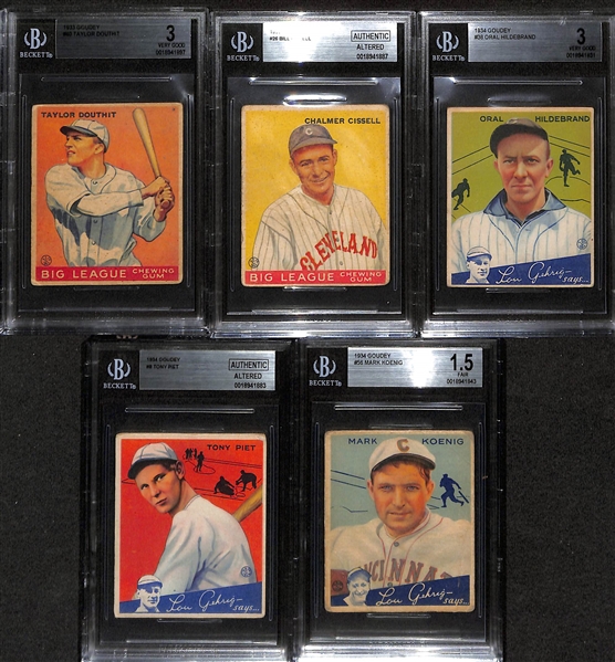 Lot of (5) BVG Graded 1933 and 1934 Goudey Cards w. Taylor Douthit BGS 3