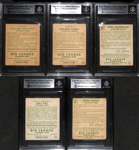 Lot of (5) BVG Graded 1933 and 1934 Goudey Cards w. Taylor Douthit BGS 3