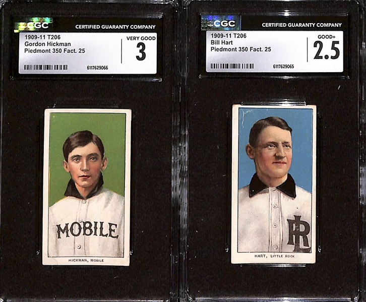 1909-11 T206 Southern League Lot - Gordon Hickman (Mobile) CGC 3 & Bill Hart (Little Rock) CGC 2.5 (Both Piedmont 350, Factory 25)