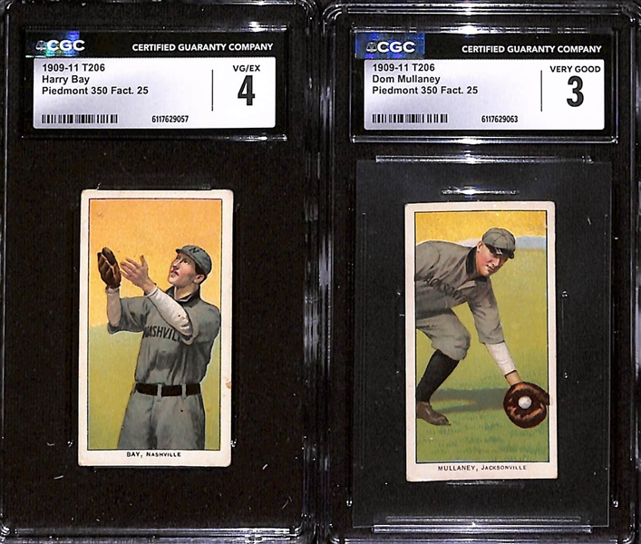 1909-11 T206 Southern League Lot - Harry Bay (Nashville) CGC 4 and Dom Mullaney (Jacksonville) CGC 3 (Both Piedmont 350, Factory 25)