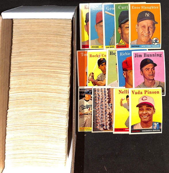 Lot of (430) Different 1958 Topps Baseball Cards w. Enos Slaughter & Curt Flood Rookie