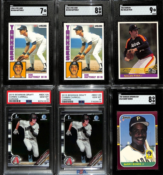 Lot of (21) Graded Baseball & (2) Graded Football Cards w. (2) 1984 O-Pee-Chee #8 Don Mattingly Rookie Cards (SGC7 & SGC 8)