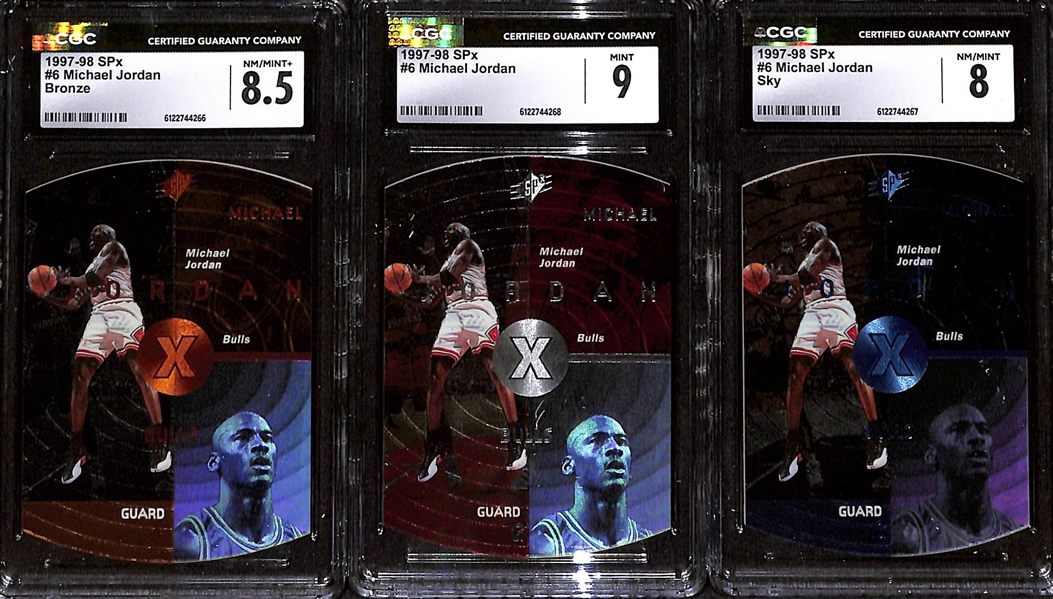 (3) 1997-98 SPx CGC Graded Michael Jordan Cards w. #6 Bronze CGC 8.5, #6, CGC 9, #6 Sky CGC 8