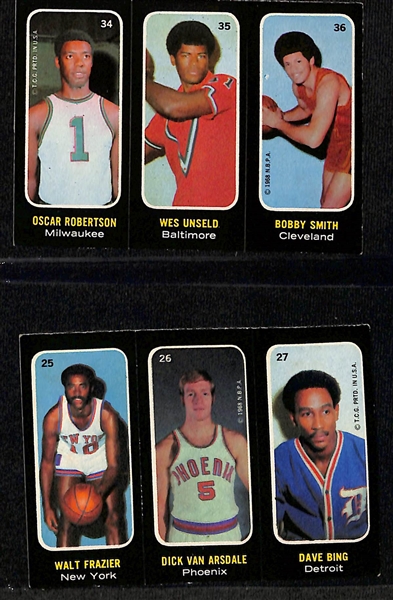 (7) 1971 Topps Basketball Stickers w. Wilt Chamberlain, Jerry West, & Oscar Robertson (Tough to Find Still Attached)