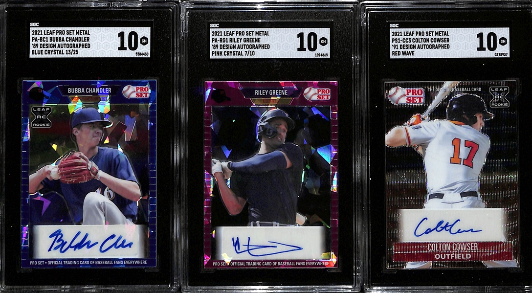 Lot of (3) SGC Graded 10 2021 Leaf Pro Set Rookie Autographs- Bubba Chandler (#/25), Riley Greene (#/10), Colton Cowser