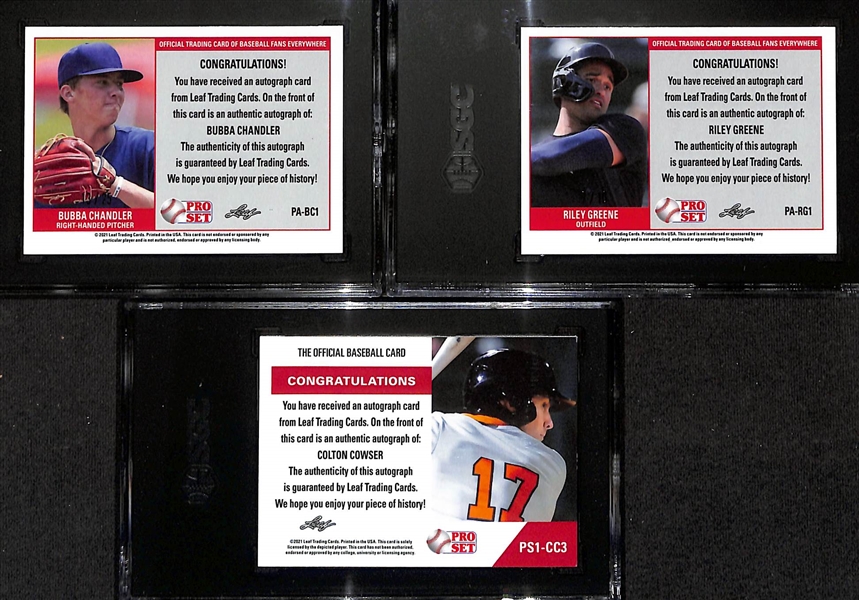 Lot of (3) SGC Graded 10 2021 Leaf Pro Set Rookie Autographs- Bubba Chandler (#/25), Riley Greene (#/10), Colton Cowser