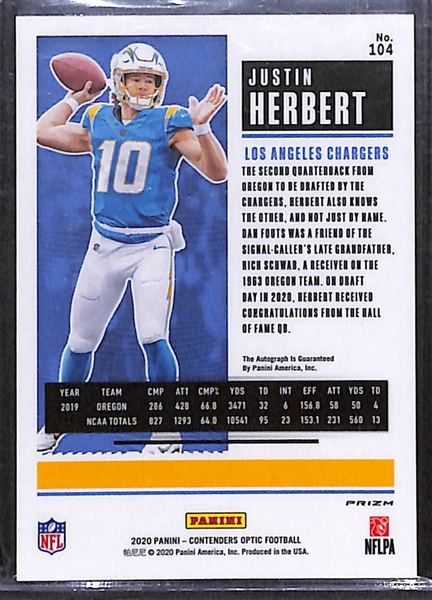 2020 Panini Contenders Optic Justin Herbert Rookie Ticket RPS Autographs #104