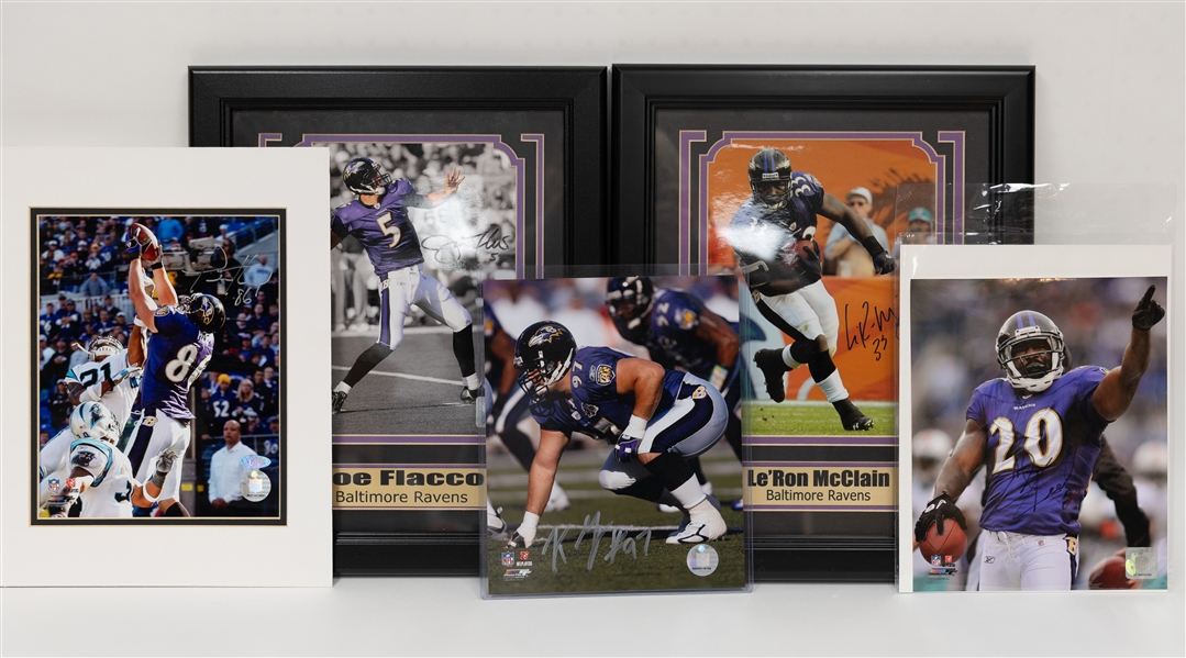 Lot of (5) Signed Baltimore Ravens Photos w. Ed Reed (Hall of Fame), Joe Flacco, +(JSA Auction Letter)