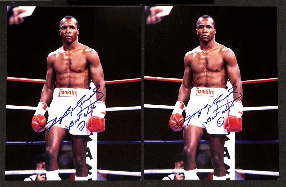 (3) Signed Sugar Ray Leonard & (1) Signed Carlos Palomino Photos (JSA Auction Letter)
